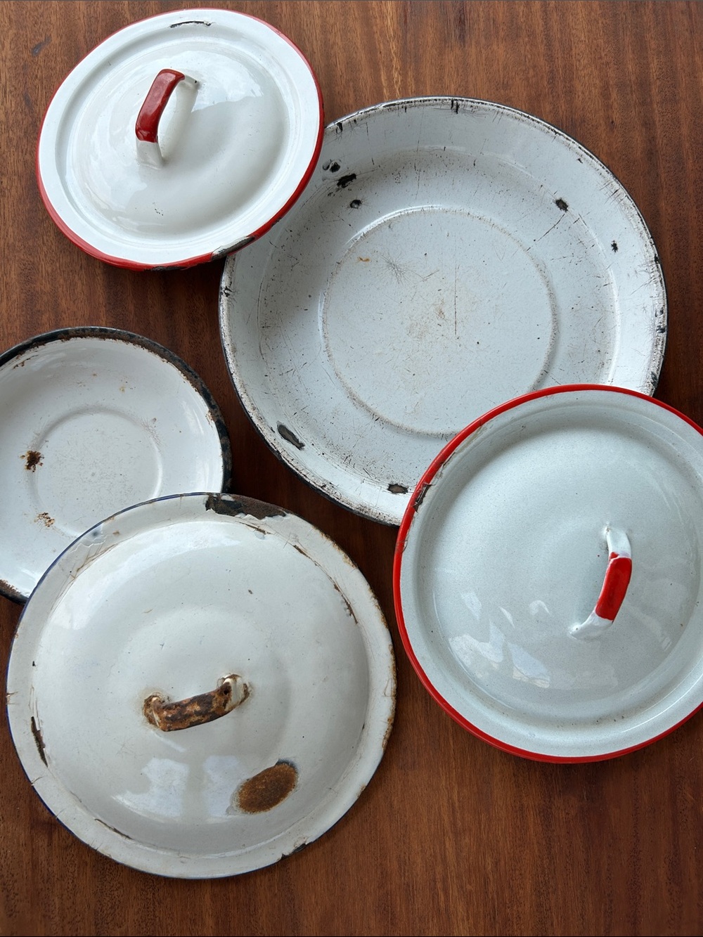 White Enamel Lids with Red Trim - Set for Home Dining